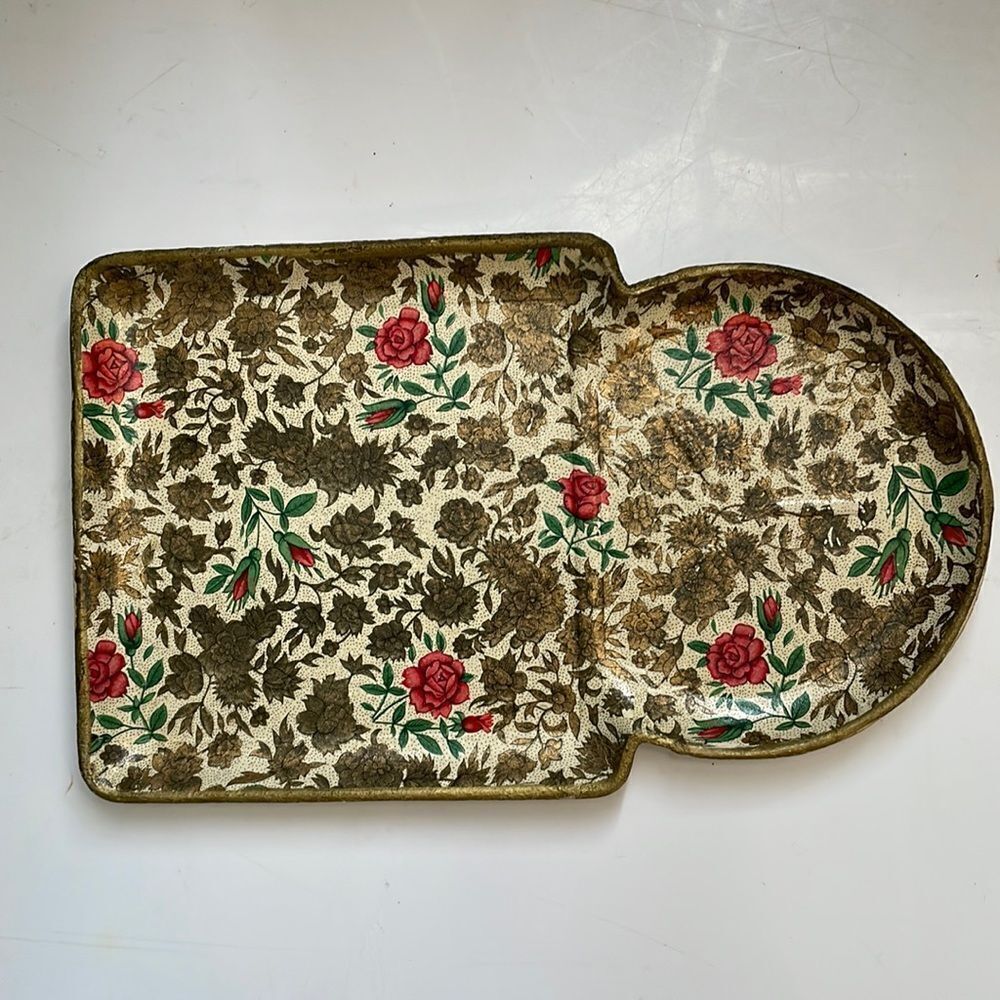 Vtg gold rose painted alcohol‎ proof paper mache tray made in Japan